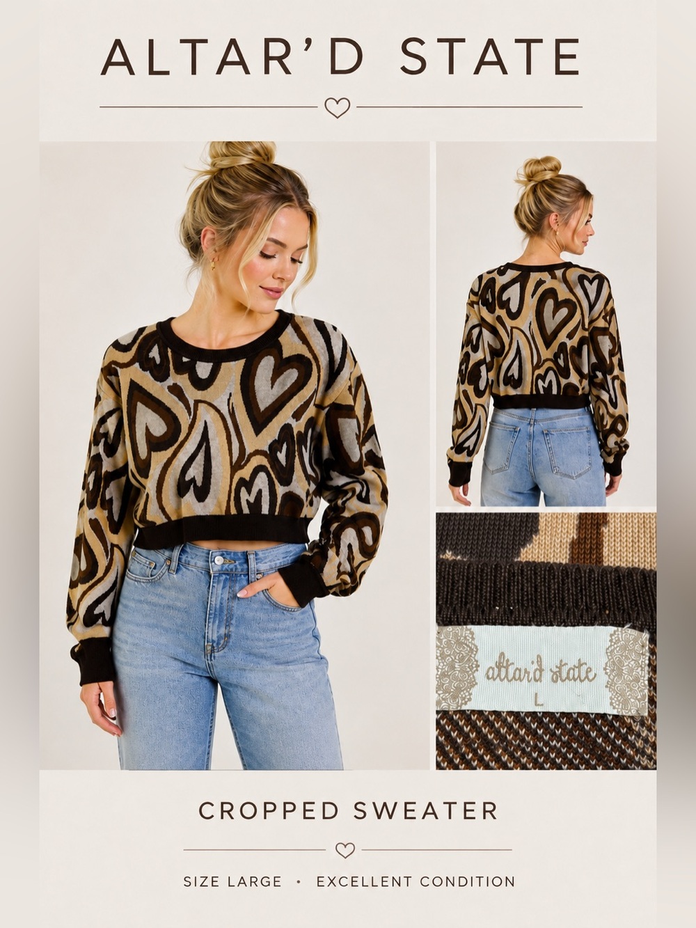 Altar’d State Cropped Heart Print Sweater Brown Tan Cream Size Large